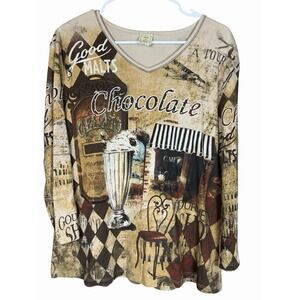 Jess & Jane Gelato Chocolate Café‎ Graphic Top L Made in USA 100% Cotton Shirt